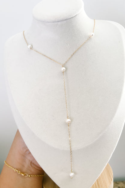 N52 DAINTY PEARL LARIAT 14KGF